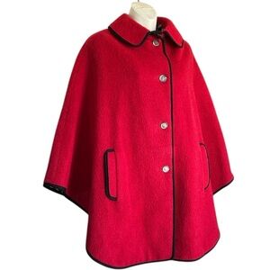 Loden King Cape women M Thick Red Wool, Black Trim from Germany. Vintage. M EUC